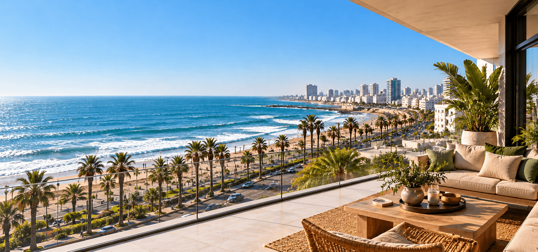 Terrasse contemporaine donnant sur l’océan et la côte de Casablanca